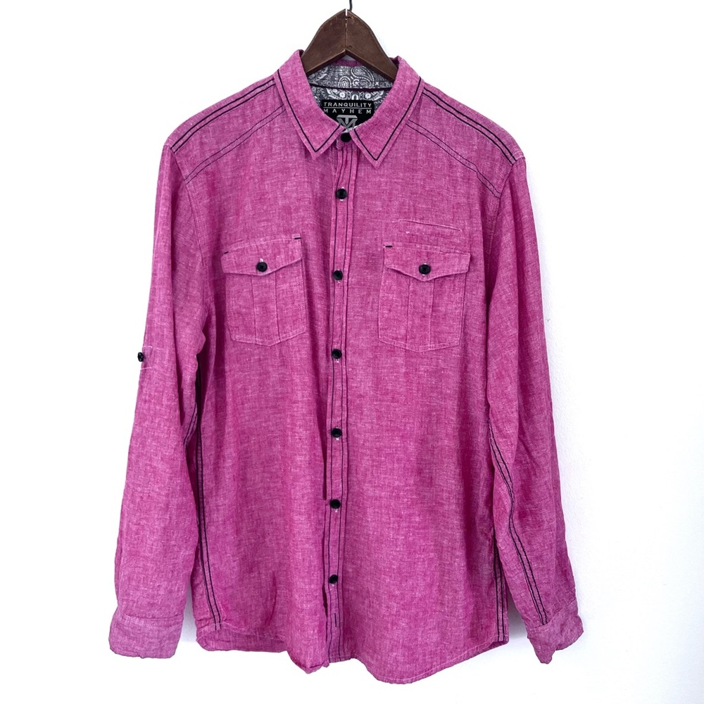 Tranquility Mayhem Linen Long Sleeve Button Up Shirt Men's Large
